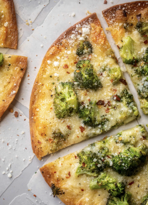 Broccoli cheese tortilla pizzas