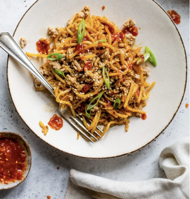 Spicy Hearts of Palm Noodle Stir Fry with Ground Chicken