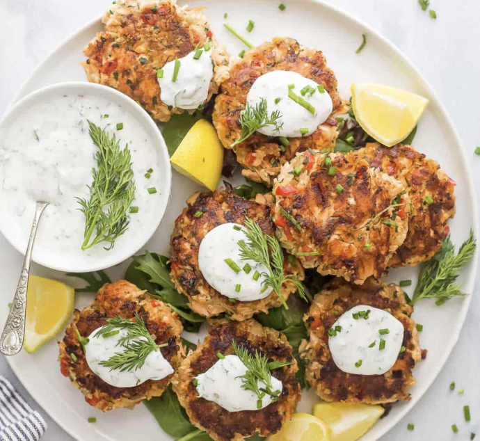 Salmon Cakes with Lemon Dill Yogurt Sauce