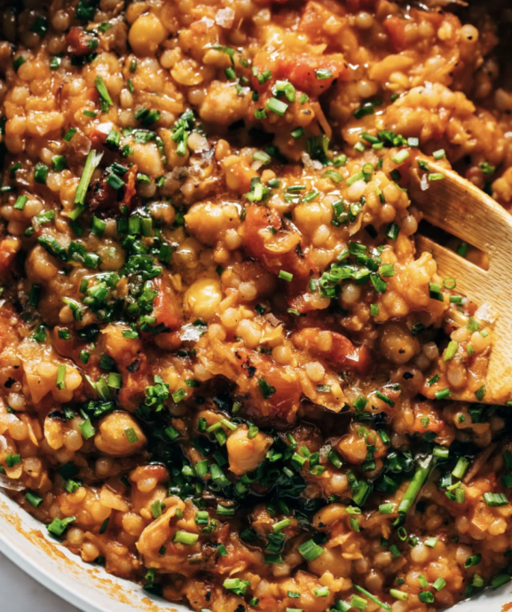 Pearl Couscous Skillet with Tomatoes, Chickpeas, and Feta