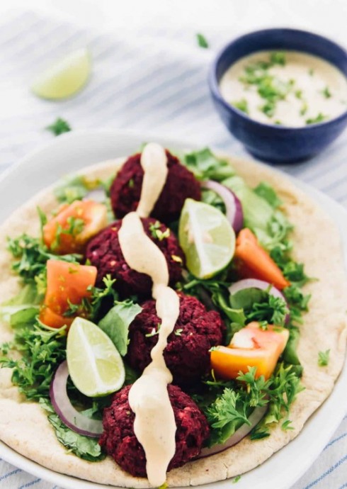 Vegan Beet Falafel with Harissa Tahini Dressing