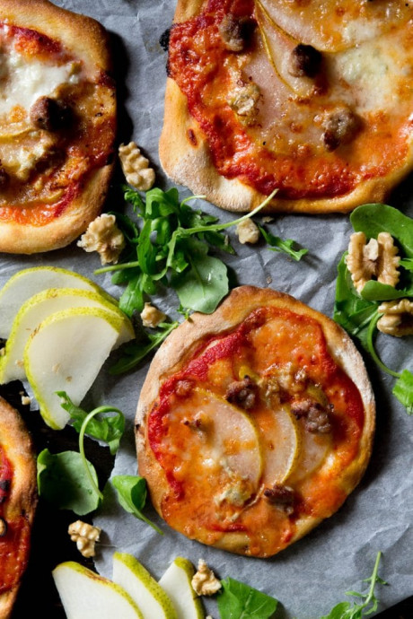 Mini Sausage Pizzas with Pear and Gorgonzola