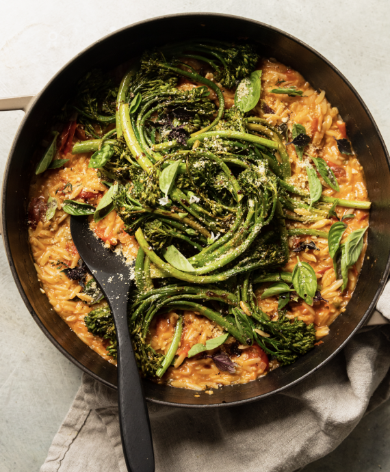 30 Minute Tomato Orzo With Balsamic Broccolini