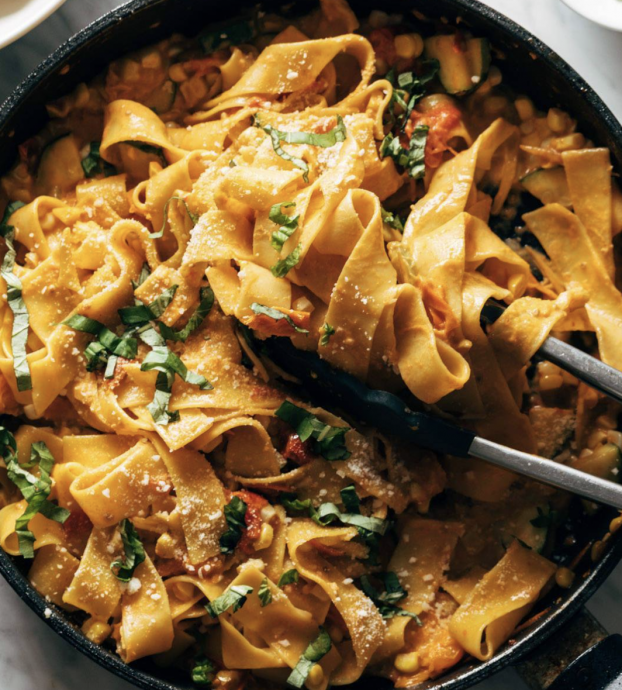 Burst Tomato Pappardelle with Zucchini, Sweet Corn, and Pan-Fried Chicken