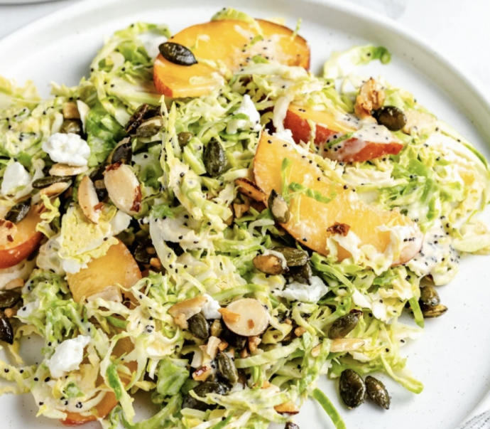 Peach Brussels Sprouts Crunch Salad with Creamy Tahini Poppy Seed Dressing