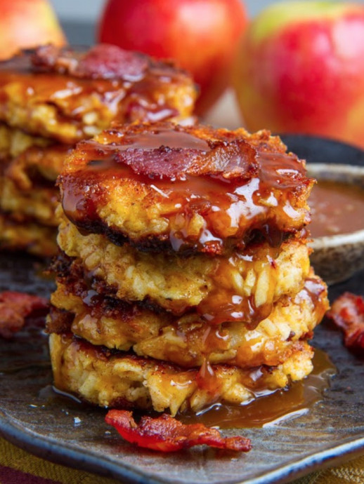 Apple, Cheddar and Bacon Fritters in Caramel Sauce