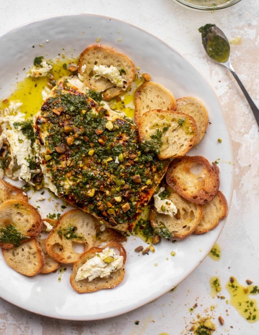 Chimichurri and Pistachio Grilled Feta