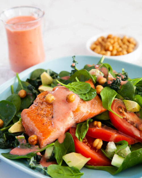 Seared Salmon Salad with Baked Crispy Chickpeas & Fresh Strawberry Vinaigrette Recipe