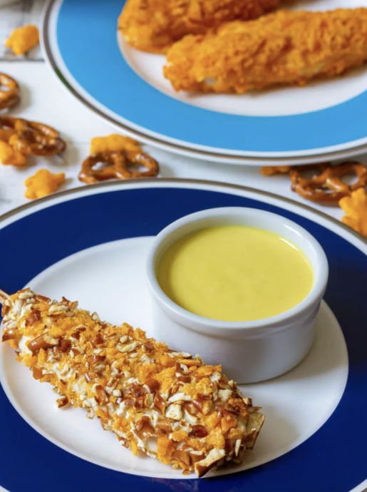 Pretzel Crusted Chicken Skewers