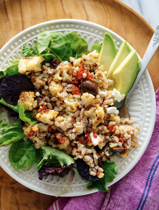 Roasted Cauliflower and Farro Salad with Feta and Avocado