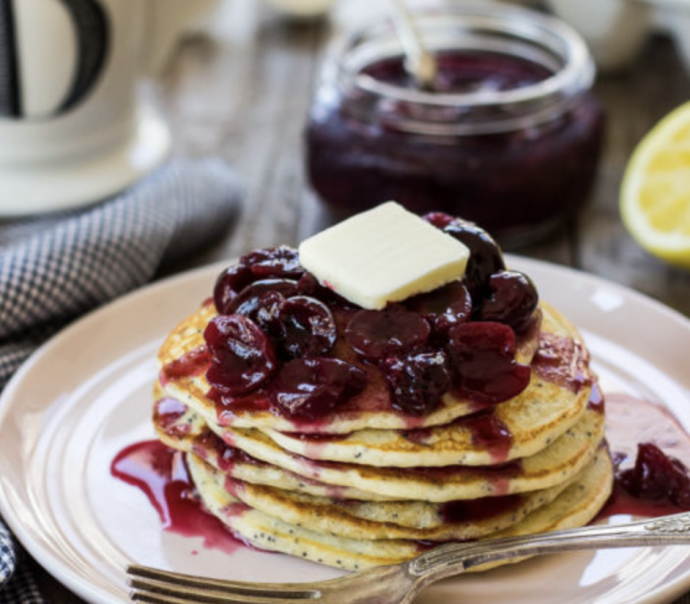 Lemon Poppy Seed Pancakes with Cherry Compote