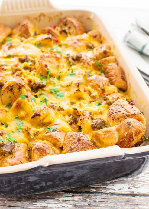 Bagel Breakfast Casserole with Sausage, Egg, and Cheese
