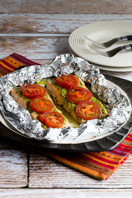 Baked Salmon with Basil Pesto and Tomatoes