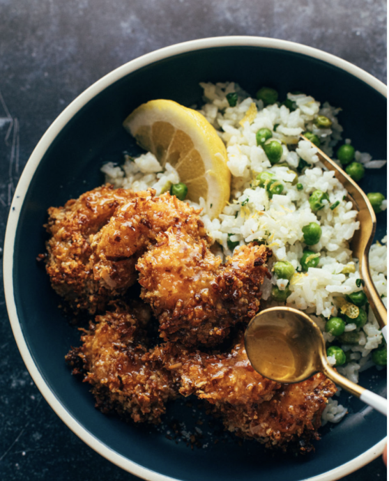 Baked Coconut Shrimp with Springy Rice and Honey Butter Sauce